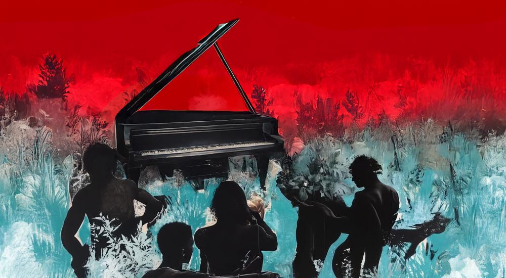 painting of a piono in a field surrounded by people