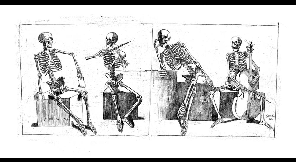 Two skeletons, one playing music, while the listens and then turns away