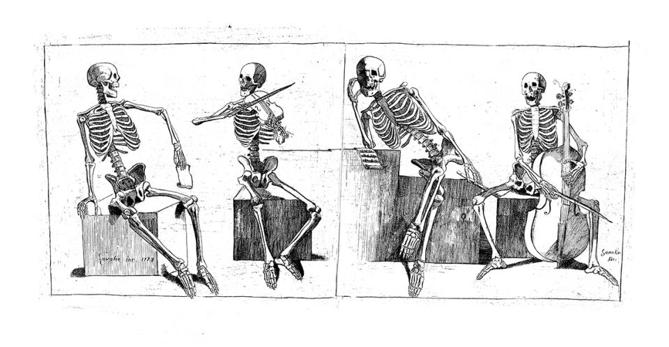 Two skeletons, one playing music, while the listens and then turns away